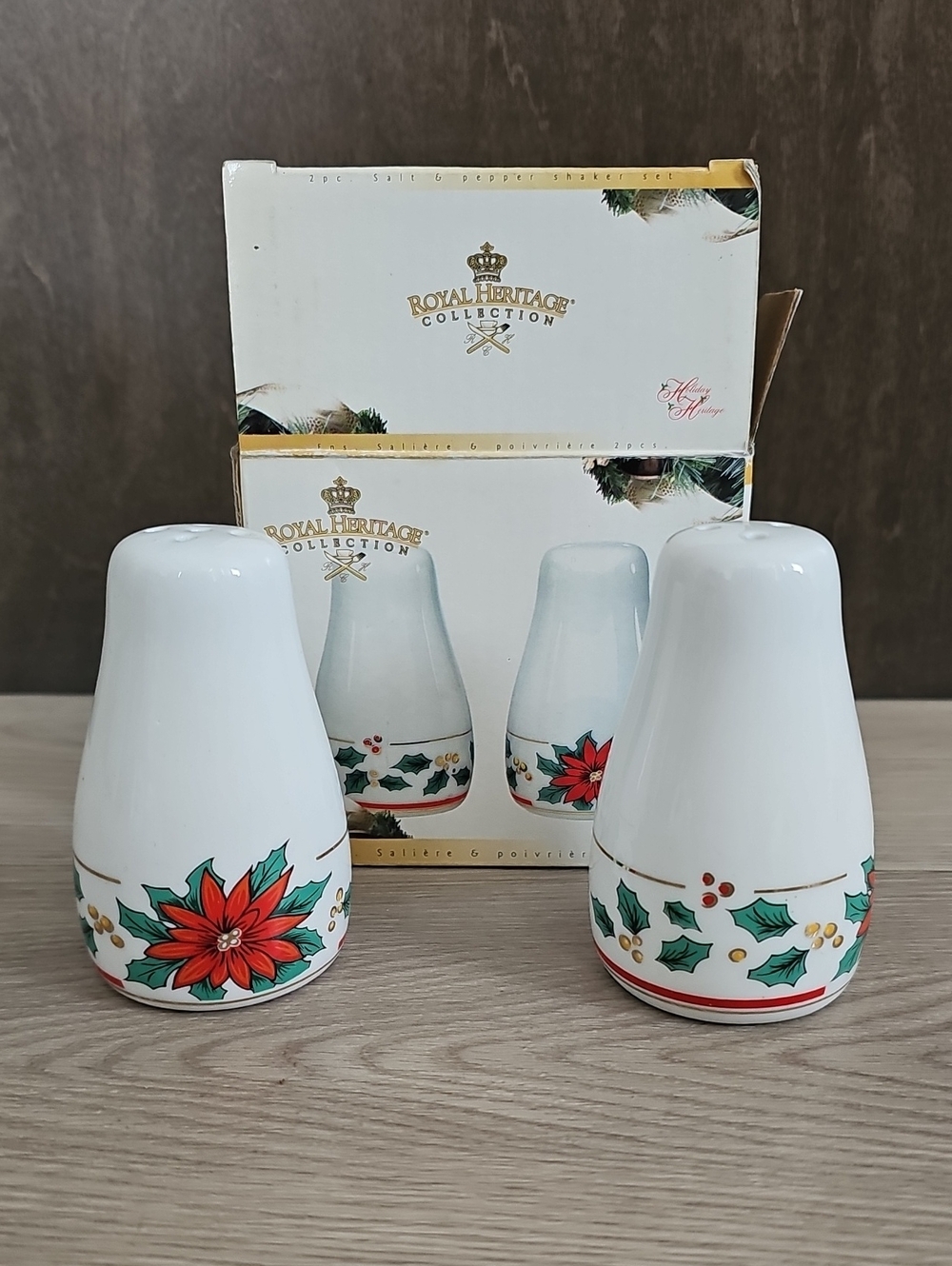Royal Heritage Collection Christmas Salt & Pepper Shakers Poinsettia Holly Boxed